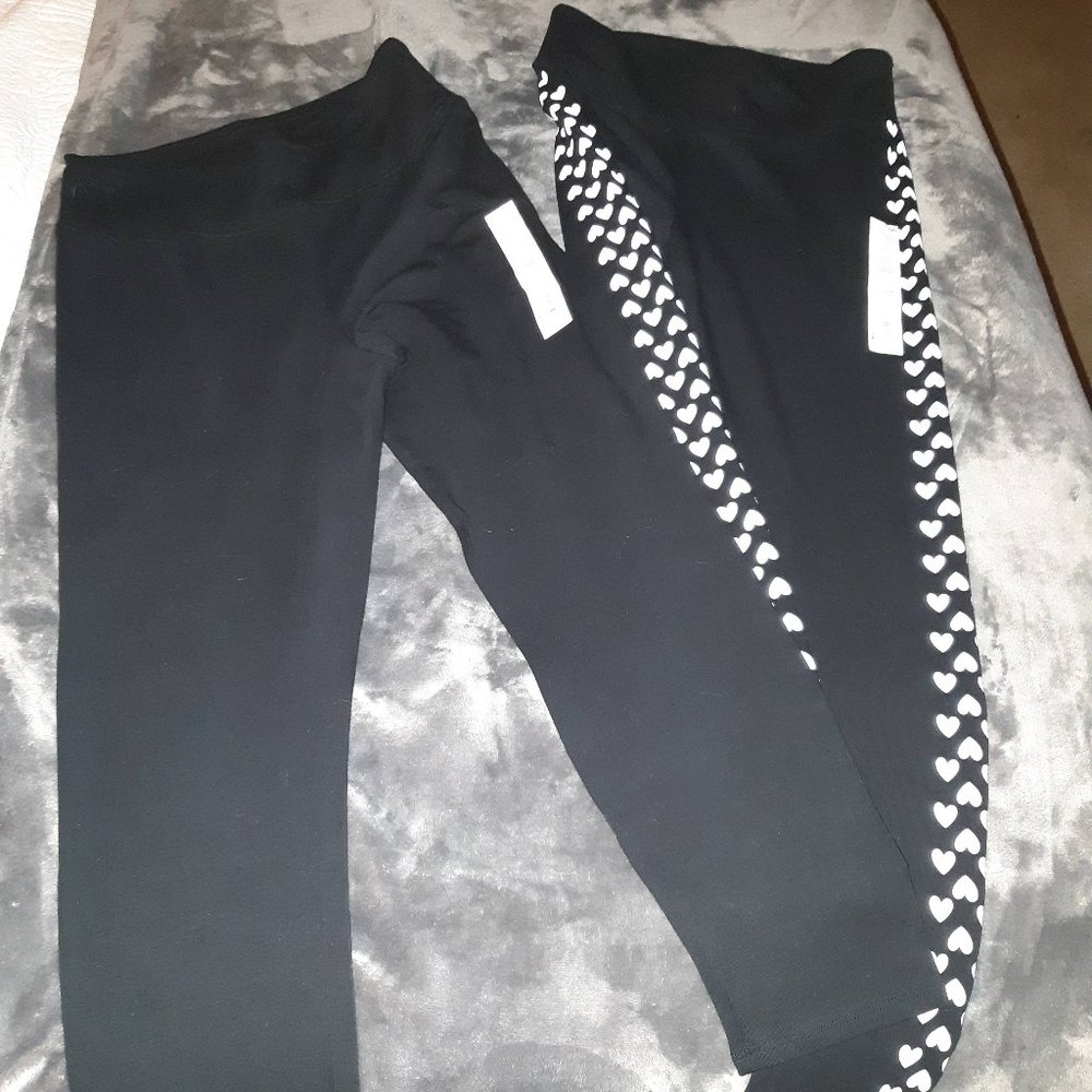 2 Pair Girls Black/Black with White Hearts High Waisted Leggins _ Size 10/12